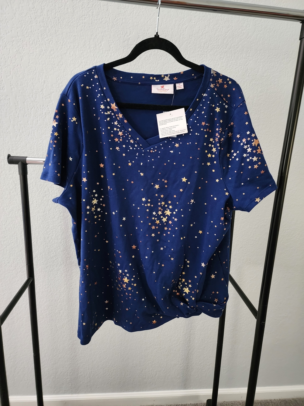 Quacker Factory Navy V-Neck Star Tee with Metallic Accents
